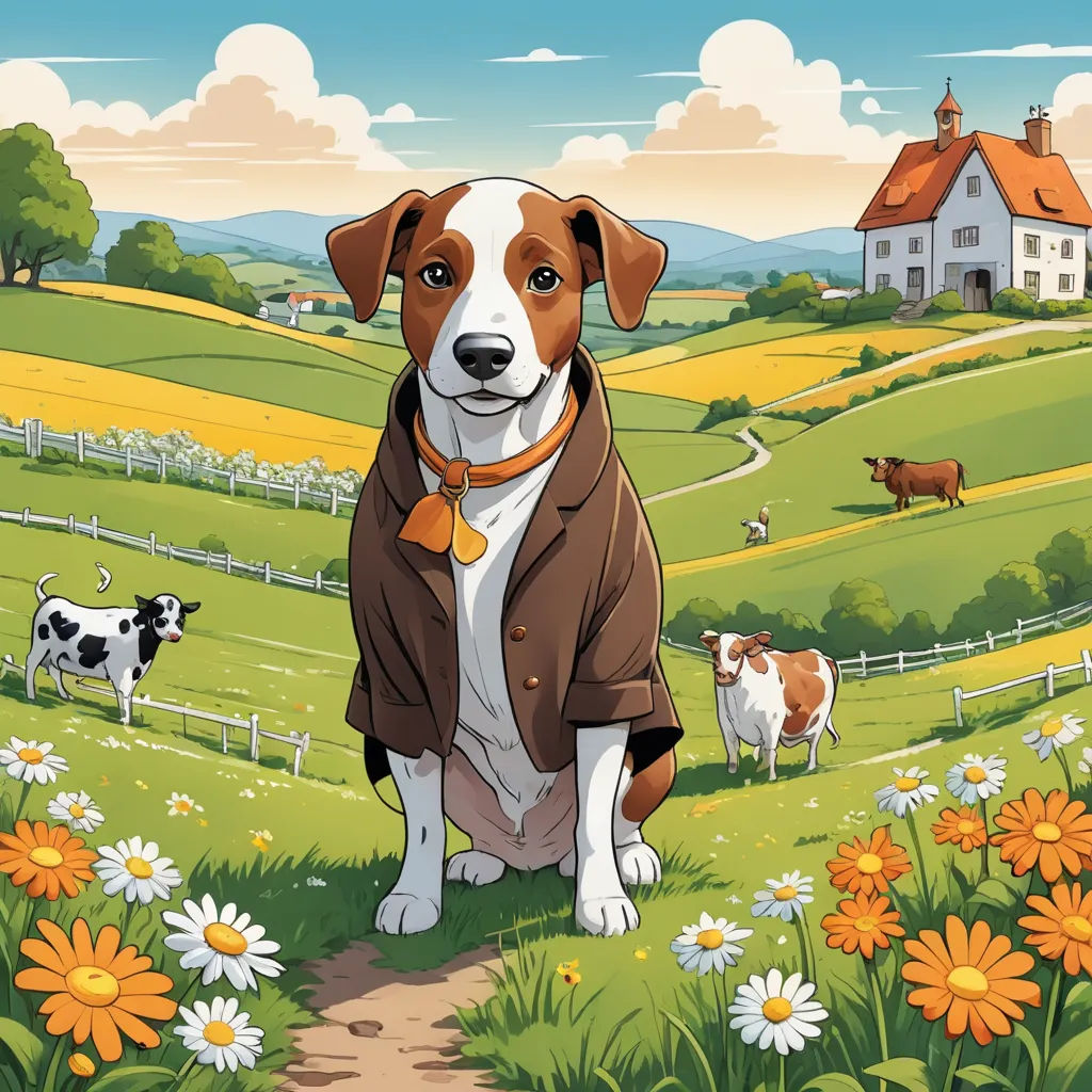 a dog is standing in a field with cows and flowers in the background, and a house in the distance, american scene painting, a storybook illustration, David Brewster, promotional image