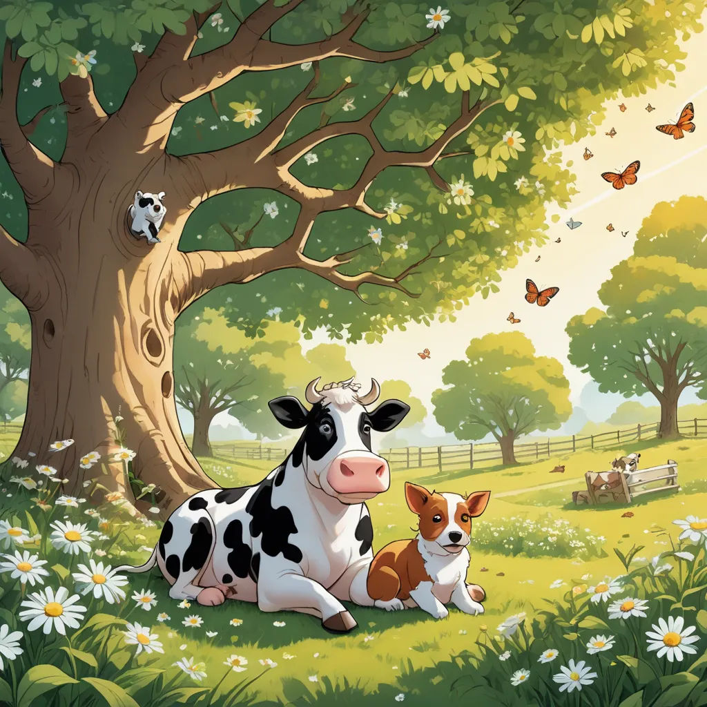 a cow and a dog are sitting in the grass under a tree with butterflies flying overhead and a fence in the background, environmental art, a storybook illustration, Chris LaBrooy, storybook illustration