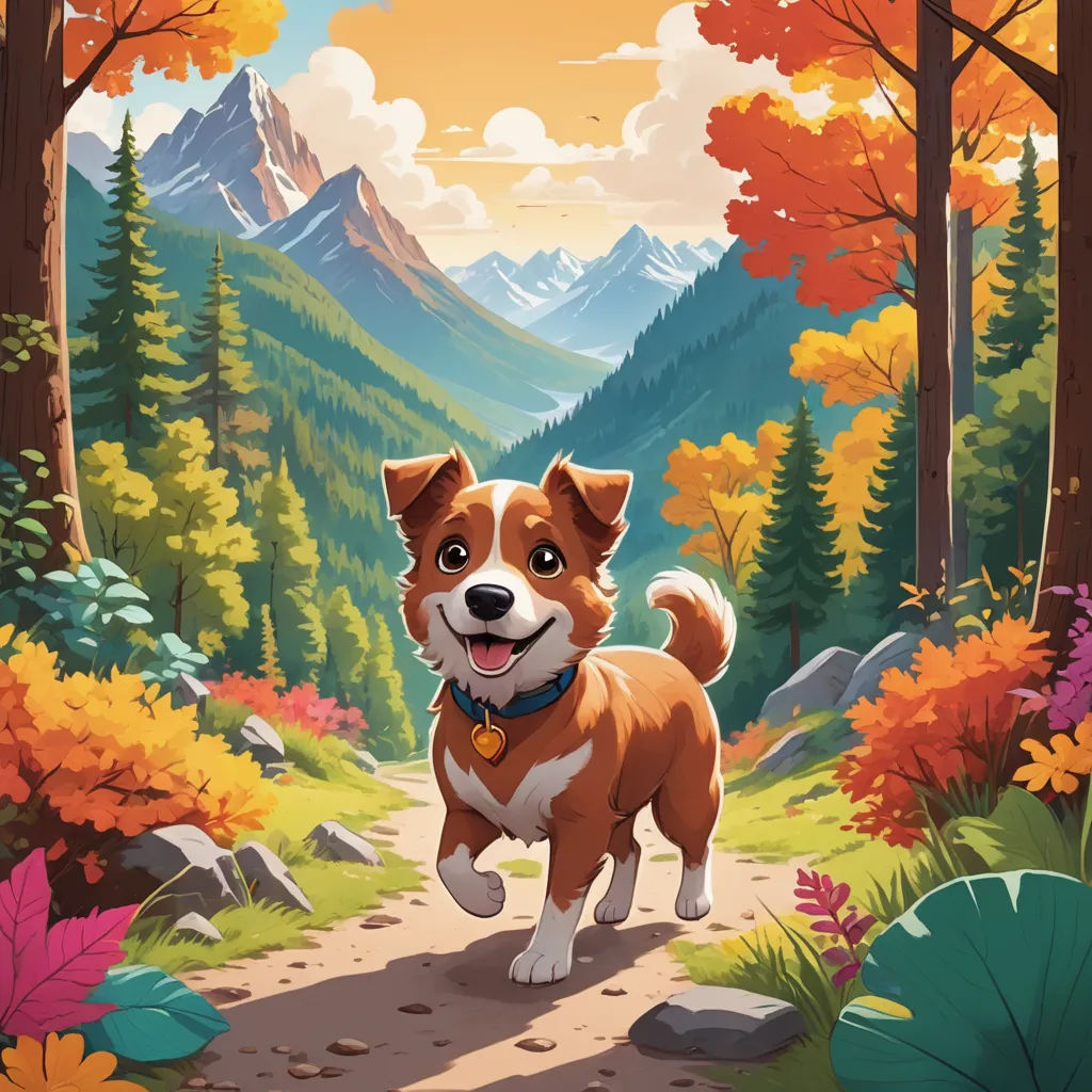 a dog is walking through a forest with mountains in the background and leaves on the ground and a trail leading to it, sots art, a storybook illustration, Chris LaBrooy, official art