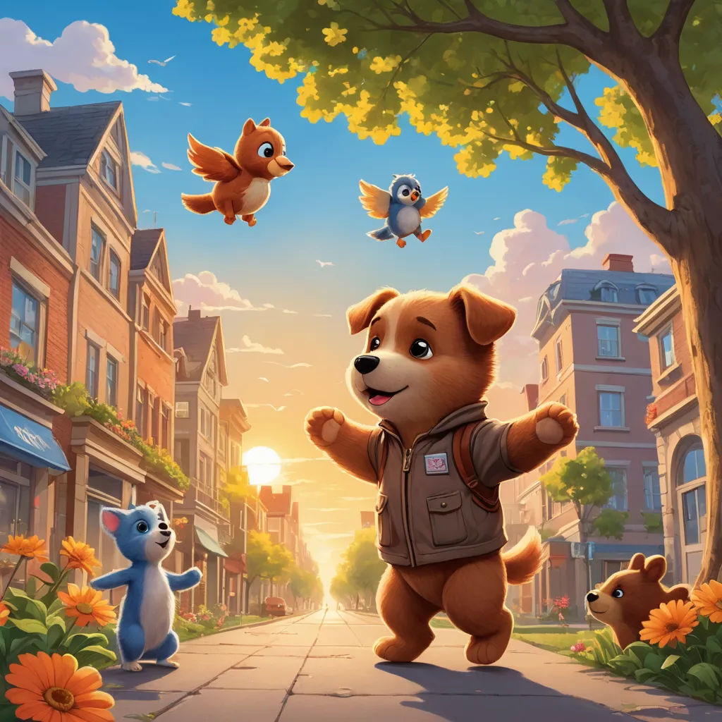 a cartoon dog is walking down a street with other dogs in the background and a bird flying over him, american scene painting, a storybook illustration, Chris LaBrooy, key art