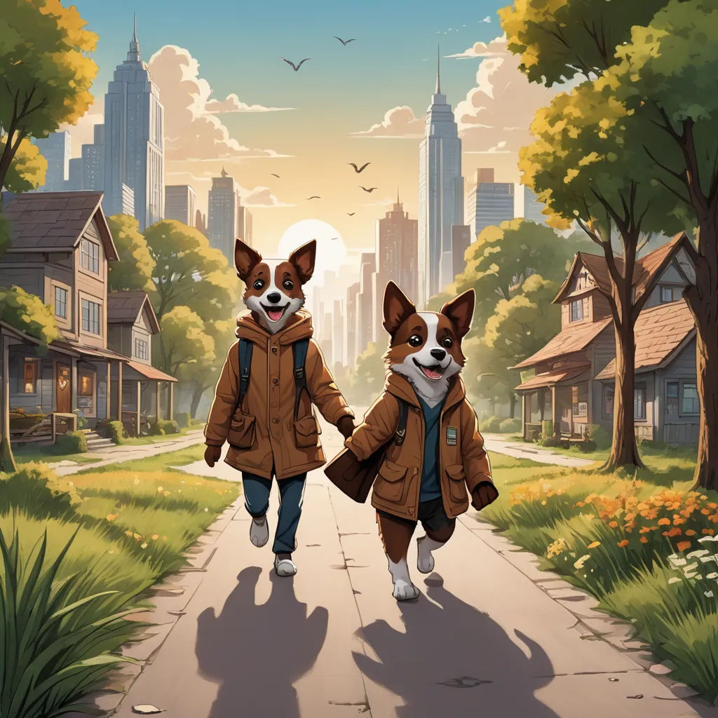 two dogs walking down a street with a person in a park coat on the other side of the street, furry art, a comic book panel, Chris LaBrooy, comic cover art