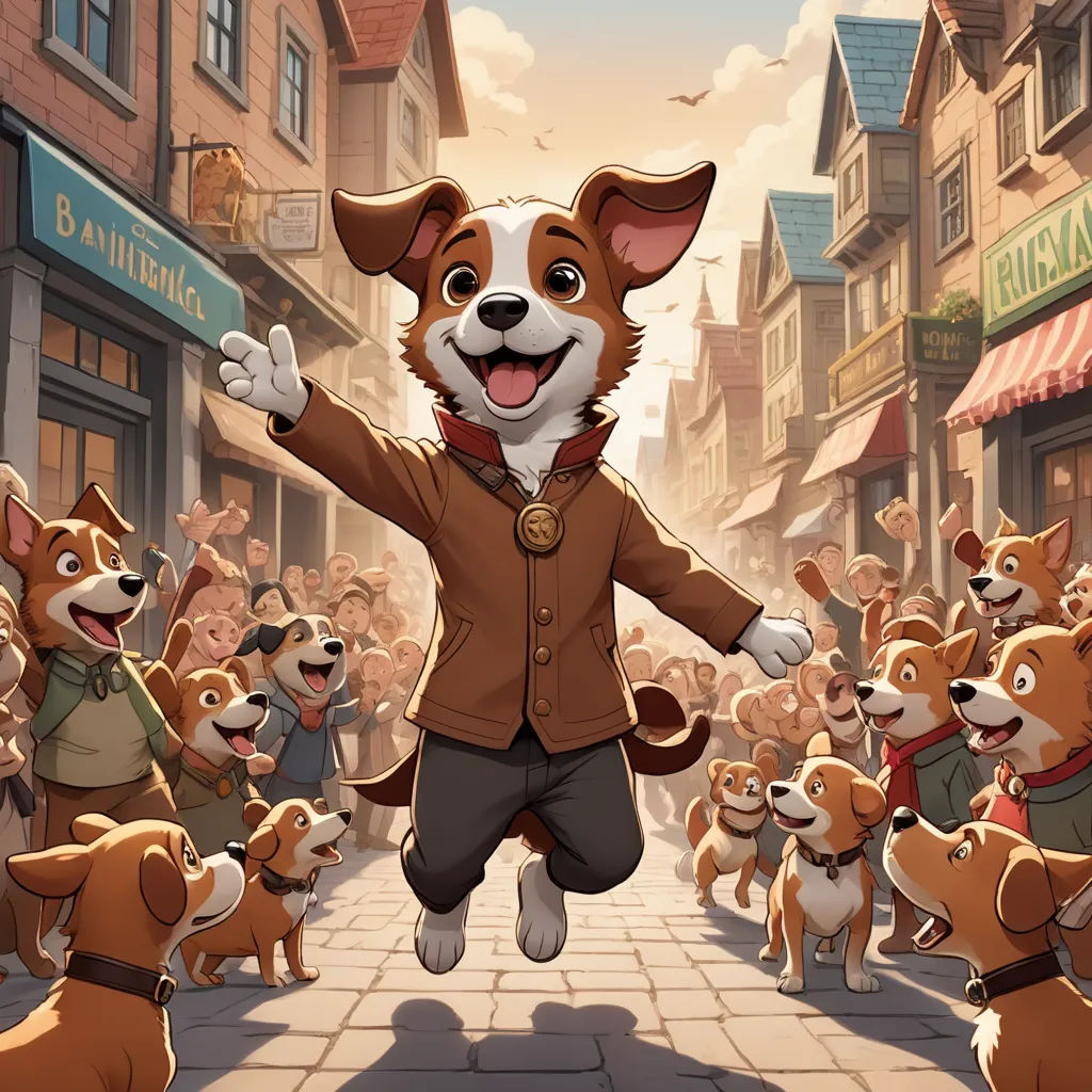 a cartoon dog is jumping in the air with a crowd of dogs behind him in the background is a street, furry art, a storybook illustration, Chris LaBrooy, official art
