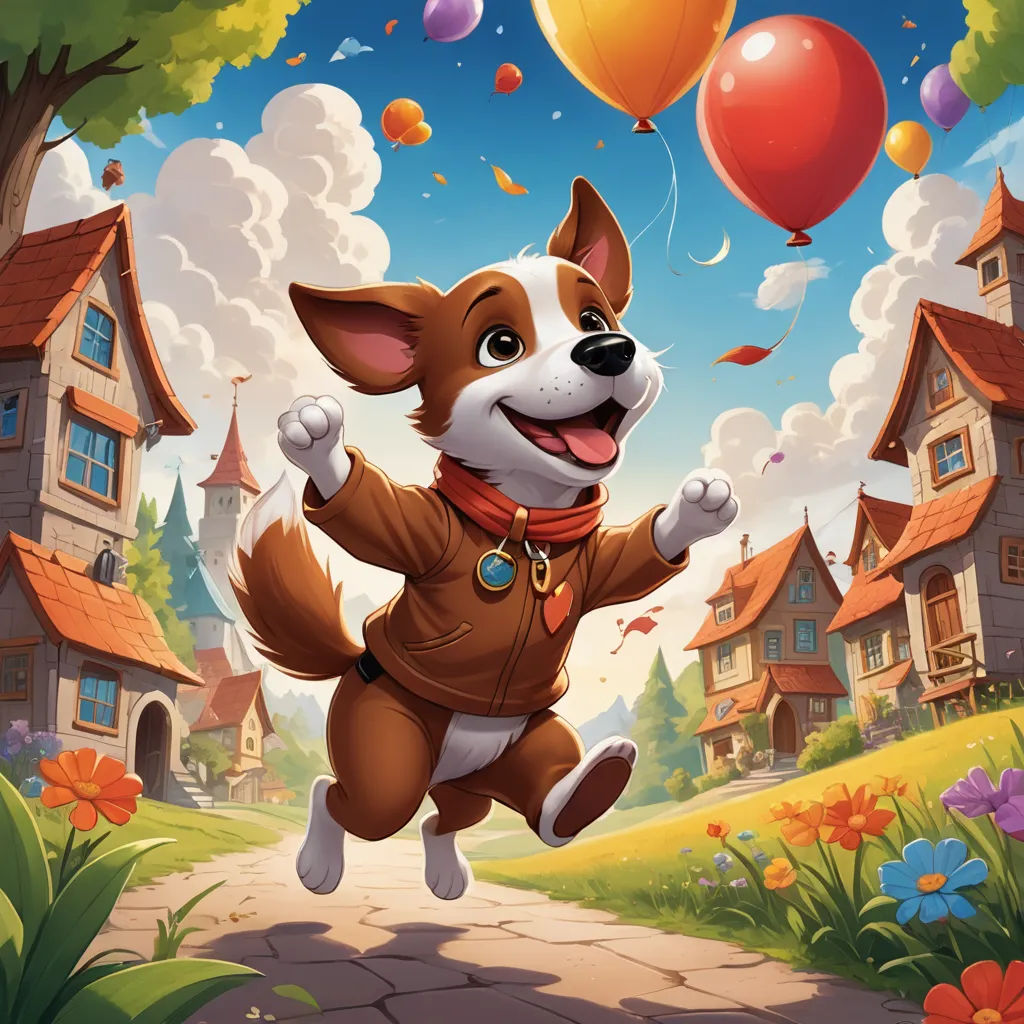 a dog is running in the park with balloons in the sky and a house in the background with a dog on it, sots art, a storybook illustration, Chris LaBrooy, key art