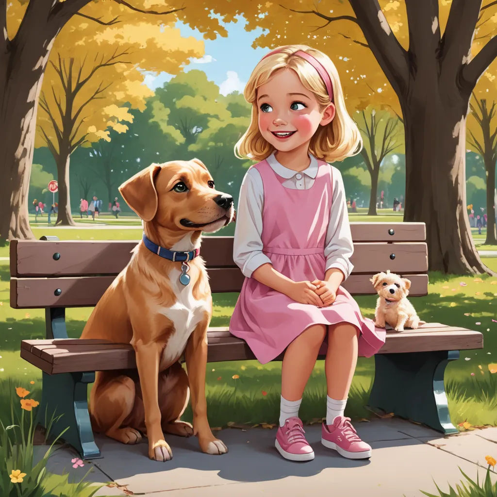 a girl sitting on a bench with a dog and a teddy bear in front of her, in a park, american scene painting, a storybook illustration, Bob Byerley, official art