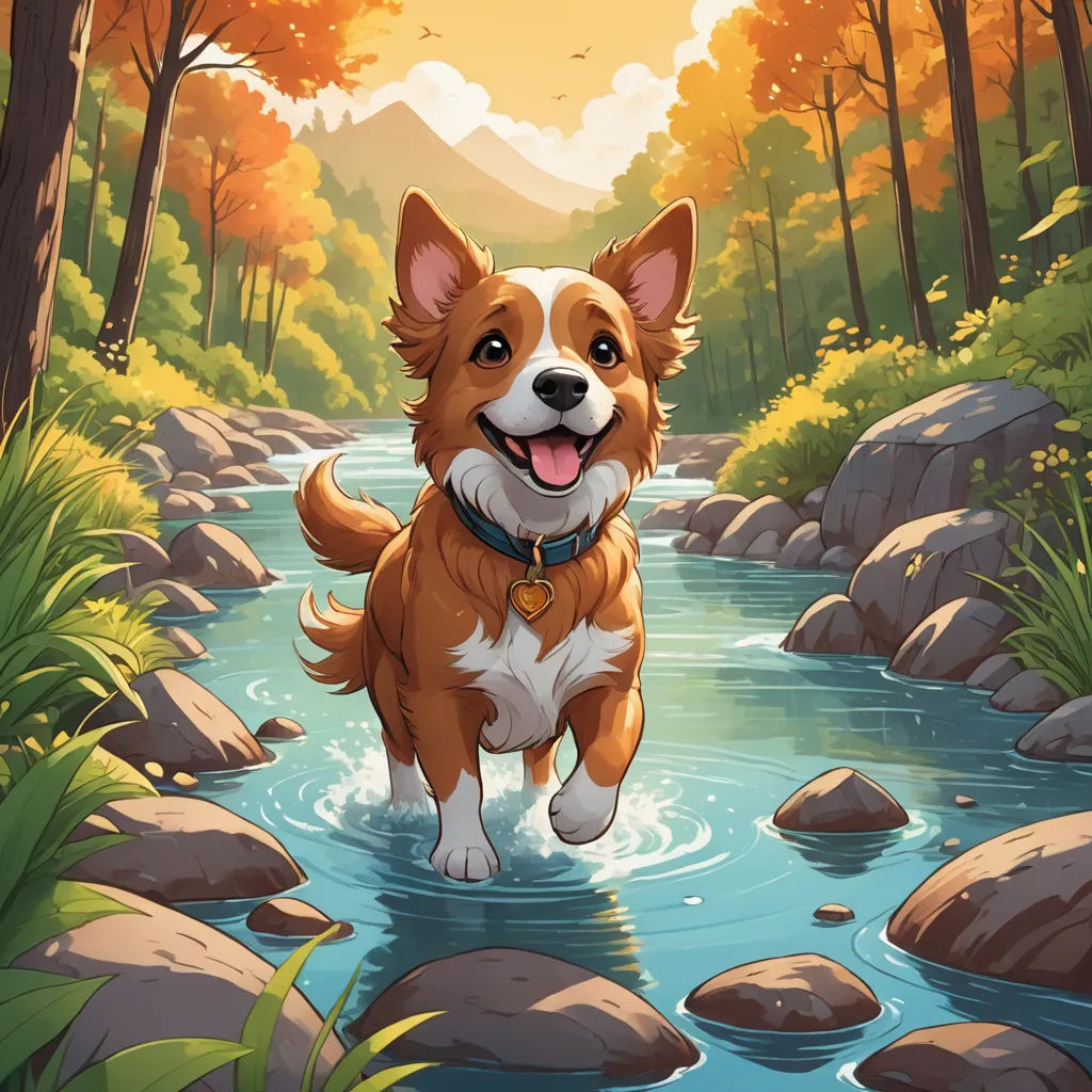a dog is standing in a river near rocks and trees with a mountain in the background and a forest with rocks and trees, sots art, a storybook illustration, Cyril Rolando, splash art