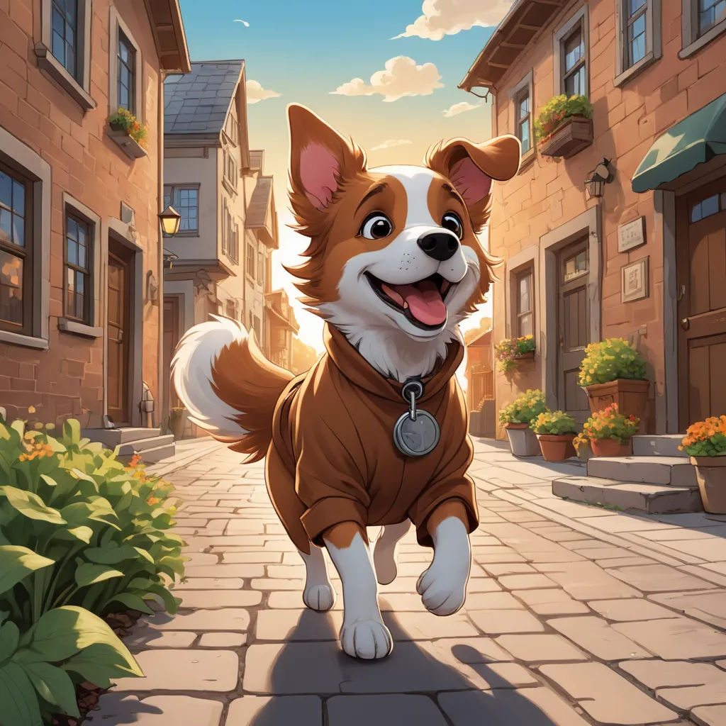 a cartoon dog running down a street in a town with a dog collar on and a dog tag in his mouth, furry art, a storybook illustration, Cyril Rolando, official art