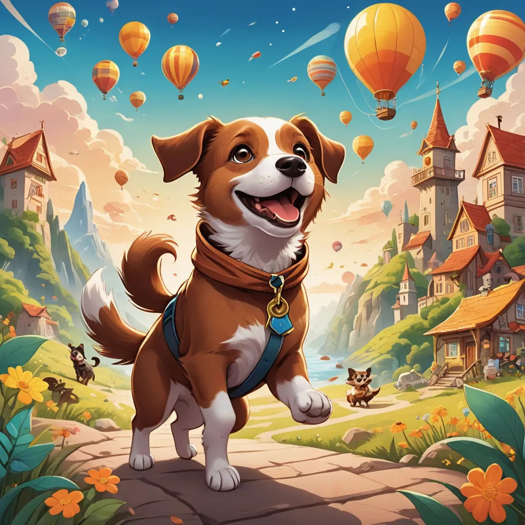 a dog is standing on a path in front of a village with hot air balloons flying in the sky, sots art, a storybook illustration, Chris LaBrooy, key art