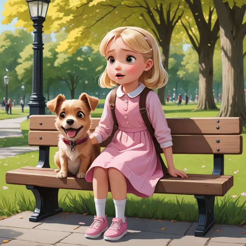 a little girl sitting on a bench with a dog in front of her, in a park with trees and grass, photorealism, a storybook illustration, disney, official art