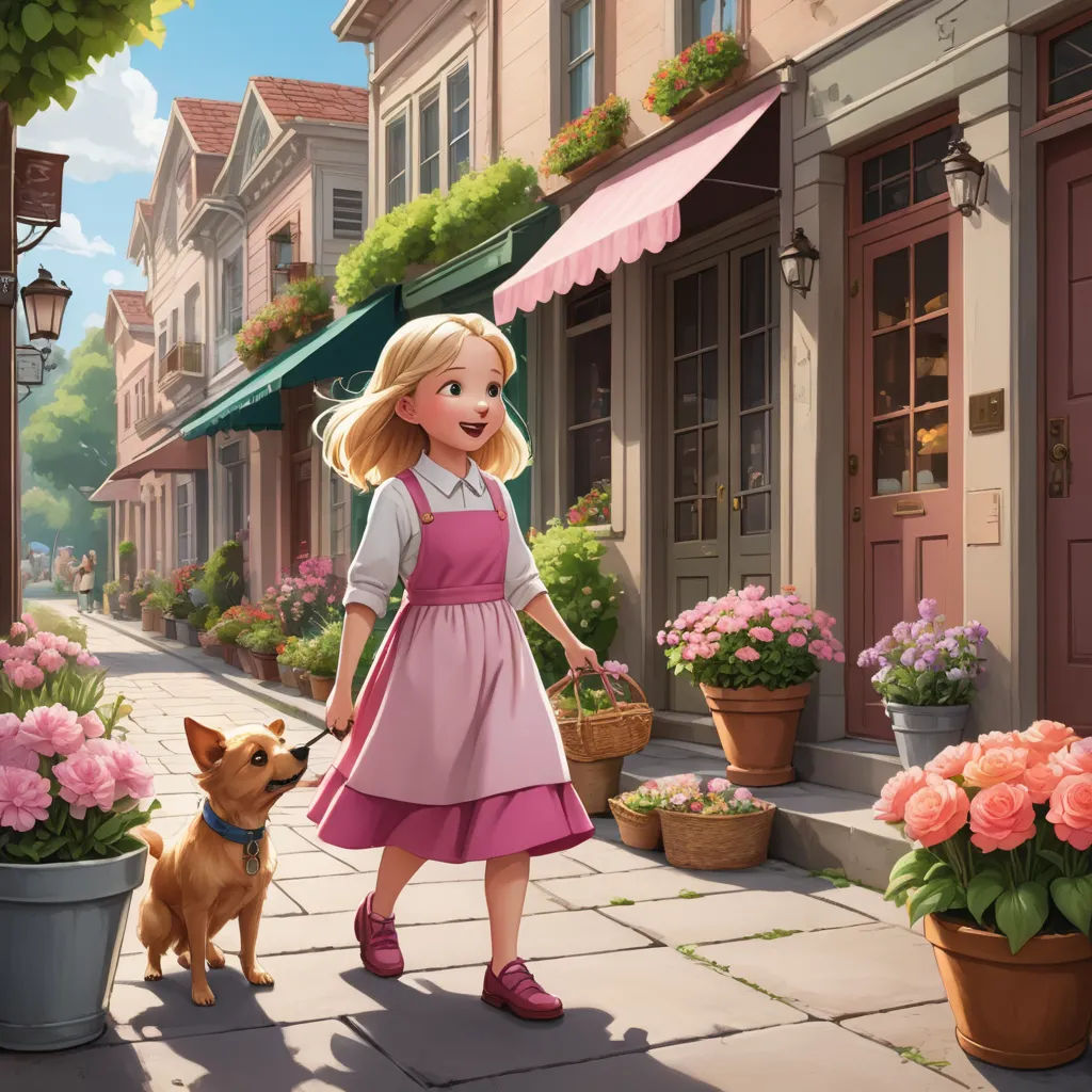 a girl in a pink dress is walking a dog in a flower shop with a pink umbrella over her head, american scene painting, a storybook illustration, disney, storybook illustration