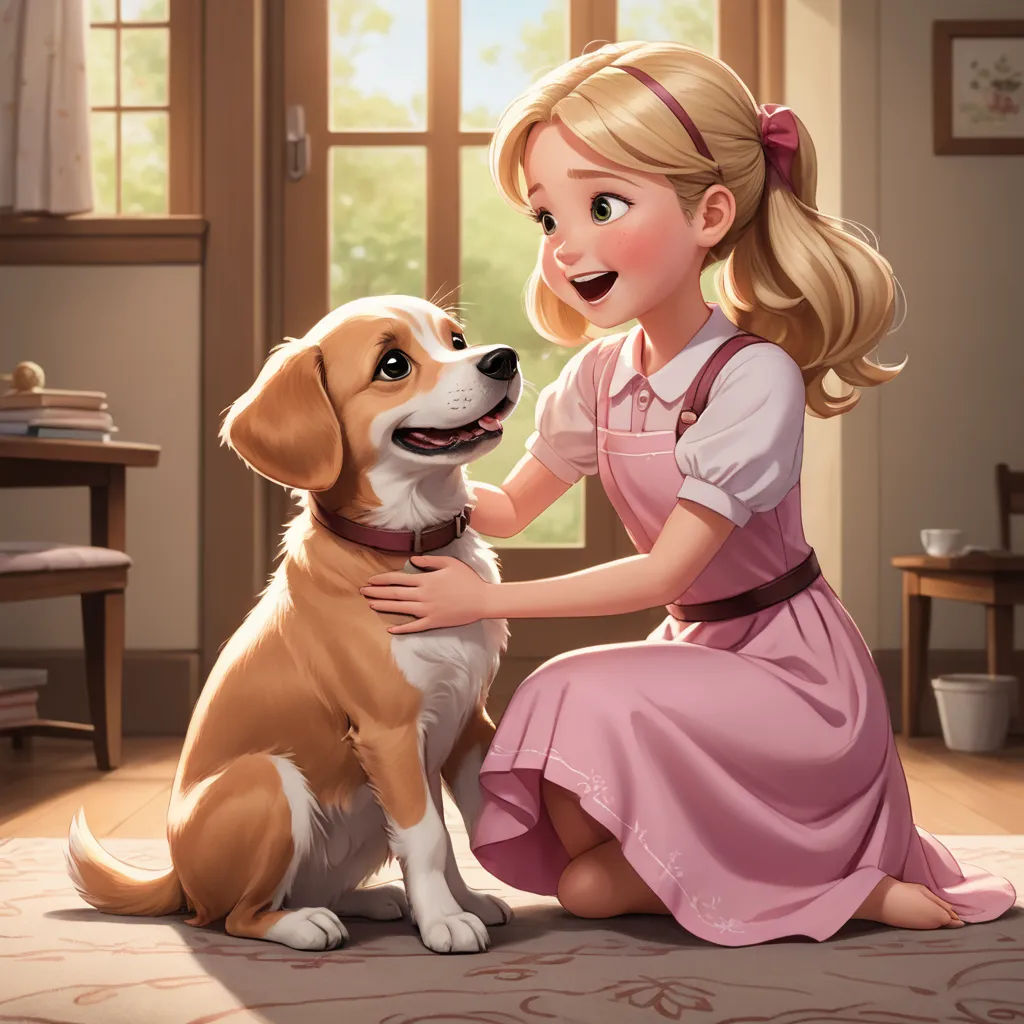 a girl in a pink dress petting a dog in a room with a window and a table with a chair, sots art, a storybook illustration, disney, official art