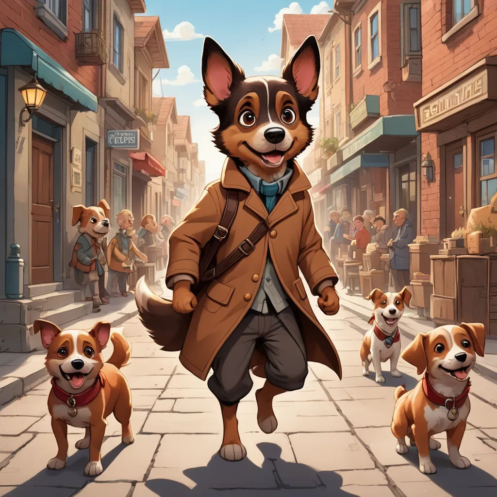 a dog is walking down a street with a man and three dogs behind him and a man in a coat and tie, furry art, concept art, Chris LaBrooy, key art