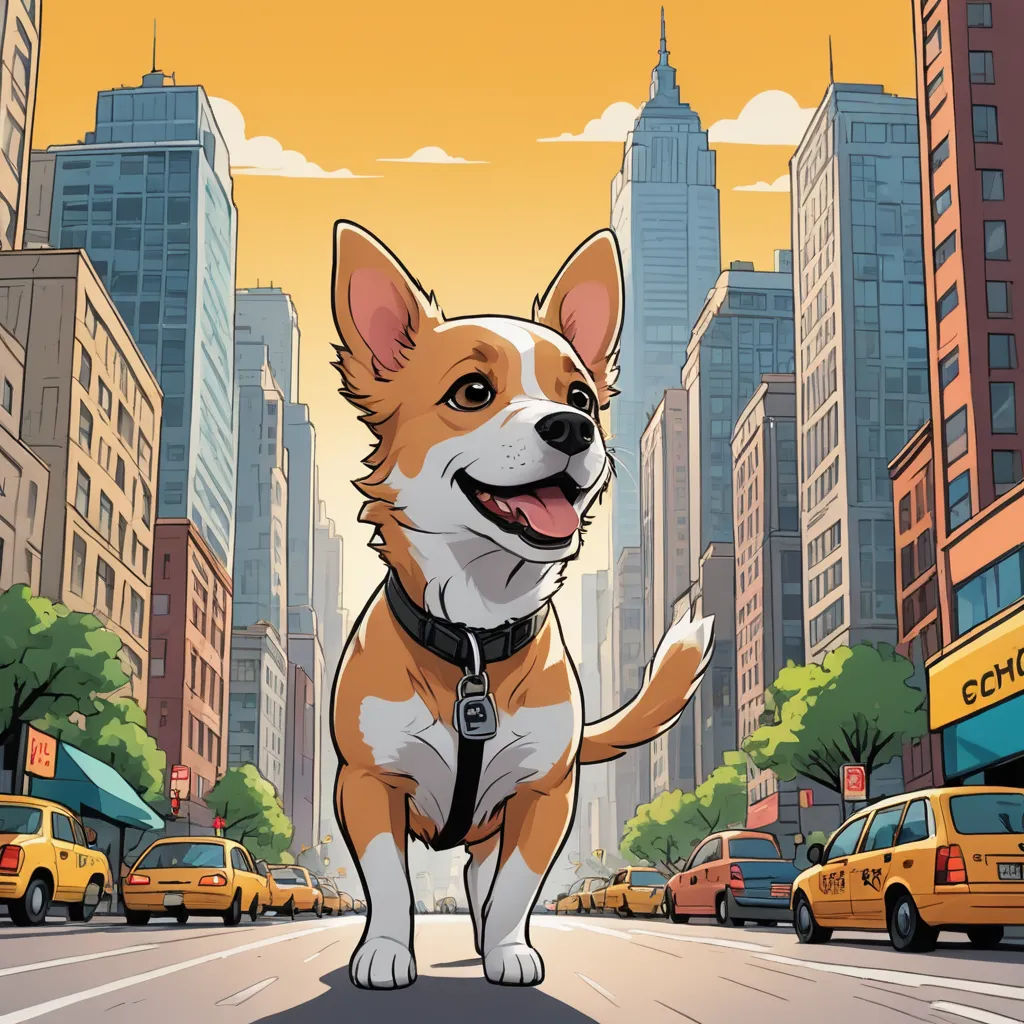 a dog standing on the street in a city with tall buildings and a taxi cab in the background,, furry art, a comic book panel, Chris LaBrooy, comic cover art