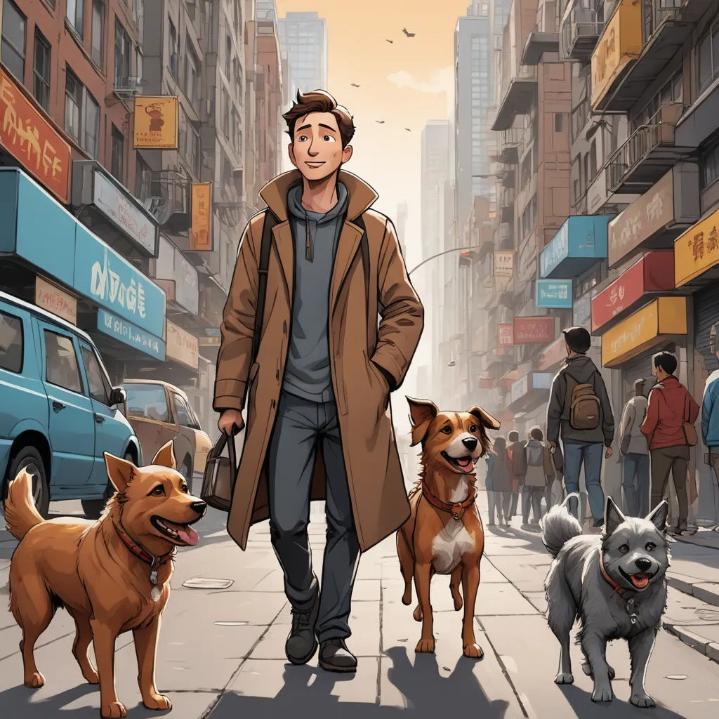 a man walking two dogs down a city street with a blue van behind him and a blue van behind him, serial art, a comic book panel, Asaf Hanuka, comic cover art