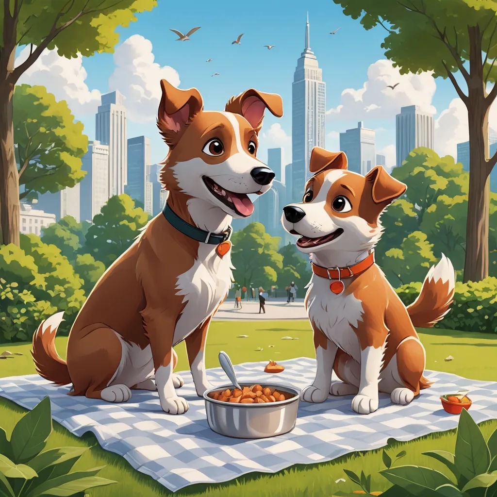 two dogs sitting on a blanket in a park with a bowl of food in front of them and a cityscape in the background, american scene painting, a storybook illustration, Chris LaBrooy, key art
