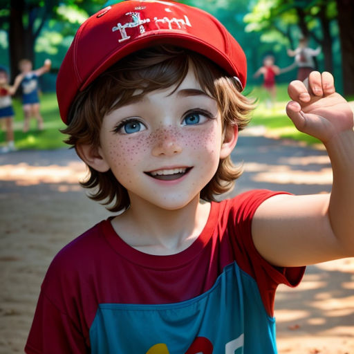 a young boy wearing a red hat and a blue shirt and holding a baseball bat in his hand and smiling