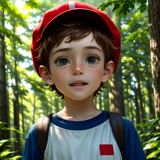 a boy with a red hat and a backpack in the woods with trees and grass behind him, looking at the camera