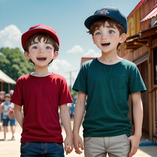 two young boys standing next to each other in front of a building with a sign on it that says,