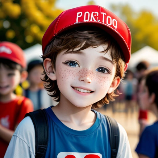 a young boy wearing a red hat and a blue shirt with the word posito on it and a red and white sign on his chest