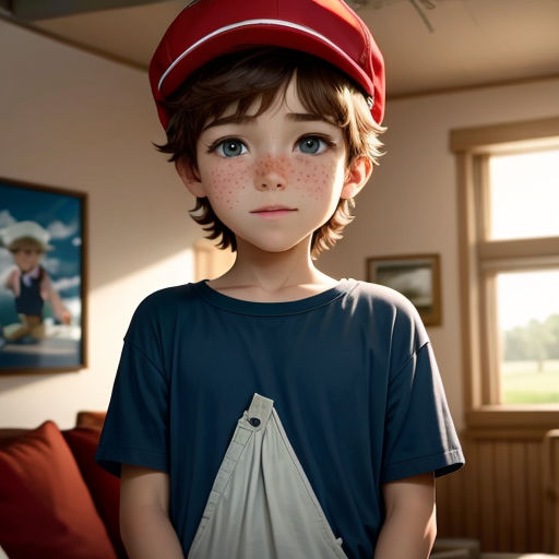 a boy with a red hat on his head and a blue shirt on his shirt and a red hat on his head