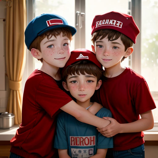 three boys in red shirts and blue hats hugging each other in front of a window with a curtain behind them