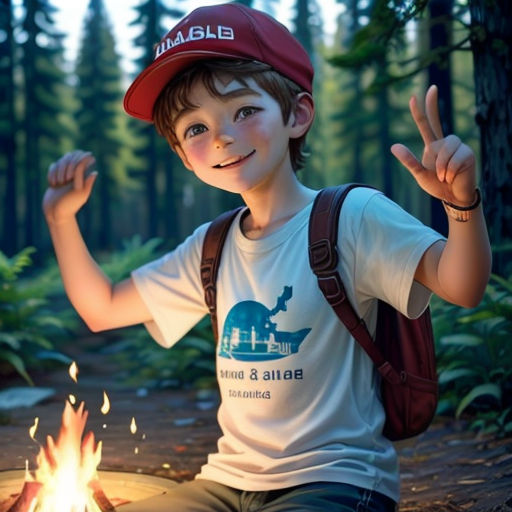 a boy sitting in front of a campfire with his hands up in the air and a hat on