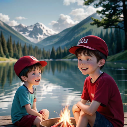 two boys sitting on a dock next to a fire pit with a mountain lake in the background and a mountain range in the background