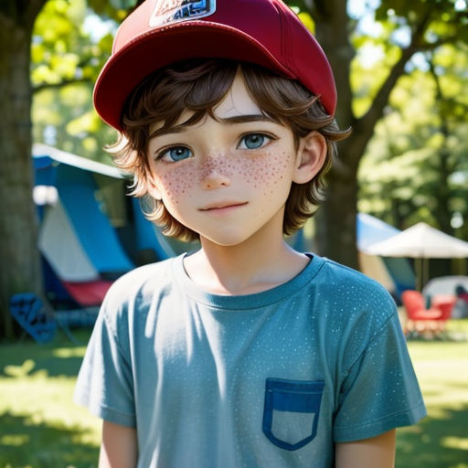 a young boy with freckles and a red hat on his head and a tent in the background
