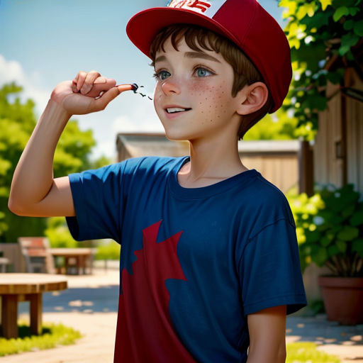 a boy in a red hat is holding a toothbrush in his mouth and smiling at the camera while standing outside