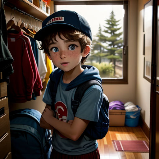 a boy in a baseball cap is standing in a closet with a backpack and a backpack on the floor