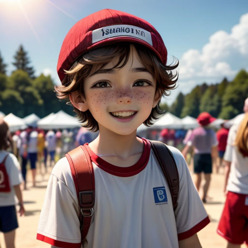 a boy with freckles and a red hat smiles for the camera at a camp site with other campers