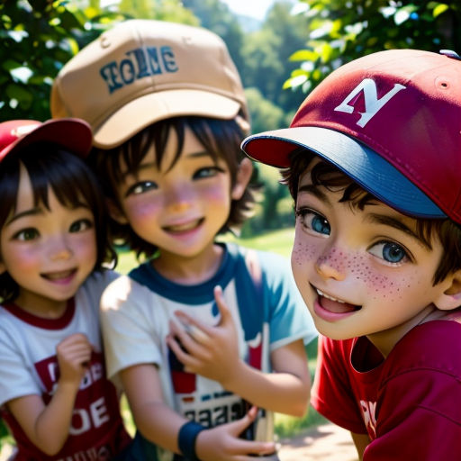 three children are posing for a picture together in a park with trees in the background and a blue sky