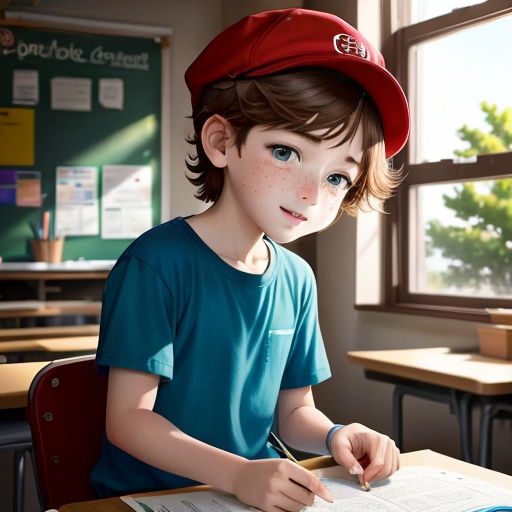 a boy in a red cap is sitting at a desk and writing on a book with a pencil in his hand