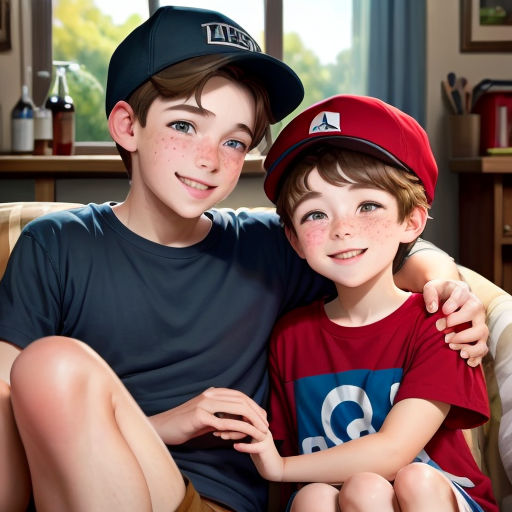 a boy and a boy sitting on a couch together, both wearing hats and smiling at the camera, with a boy in a baseball cap