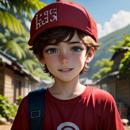 a boy with freckles and a red hat on his head and a backpack on his shoulder, standing in front of a house