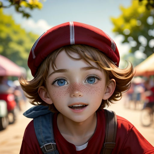 a young boy with freckles and a red hat on his head is looking at the camera while standing on a street