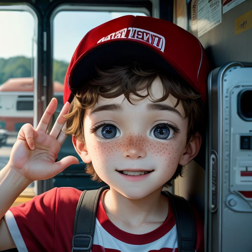 a boy with freckles and a cap on is making the peace sign with his hand and smiling