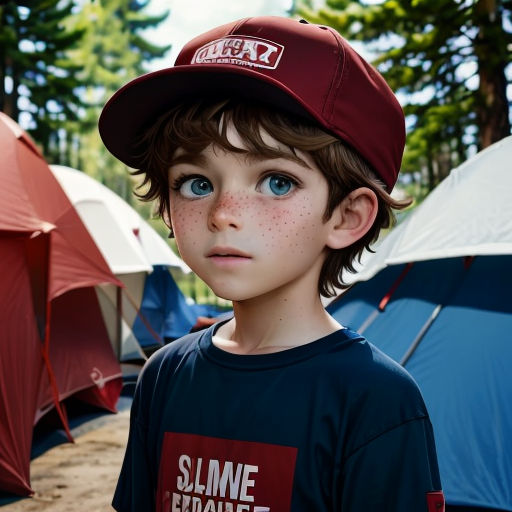 a young boy with freckles and a hat on stands in front of a line of tents with trees