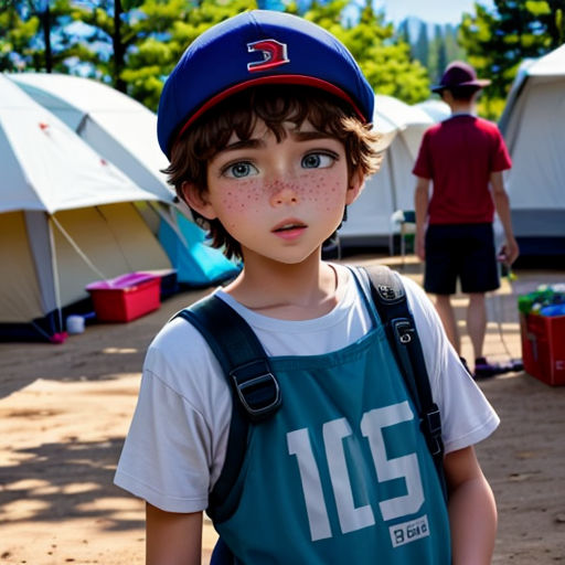 a young boy wearing a baseball cap and a backpack in a camp area with tents in the background and a man in a red shirt and white shirt