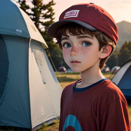 a boy in a red hat standing in front of a tent with a blue sky in the background and a mountain range in the distance