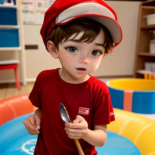 a young boy in a red shirt and a red hat holding a spoon in a play room with toys