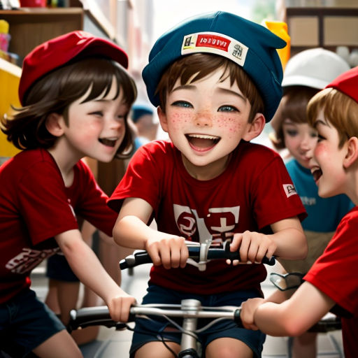 a group of children riding on the back of a bike together in a room full of other children wearing red shirts
