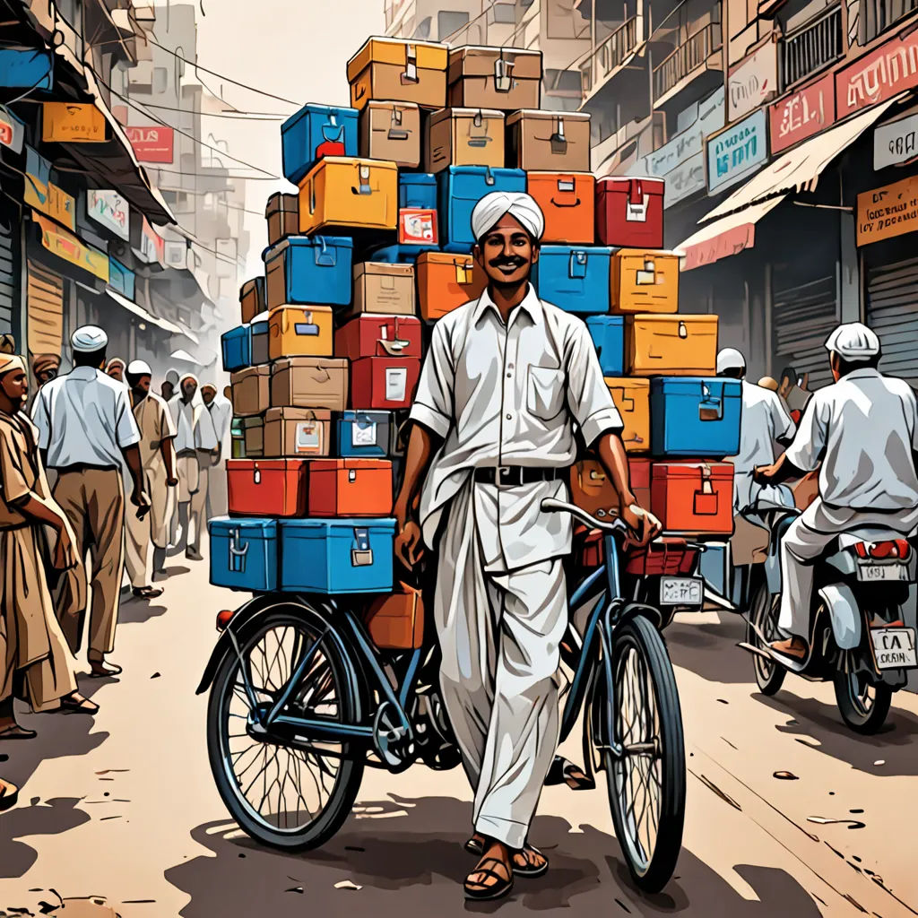 a man riding a bike with a cart on the back of it down a street with people walking around, samikshavad, a digital painting, Asaf Hanuka, digital illustration