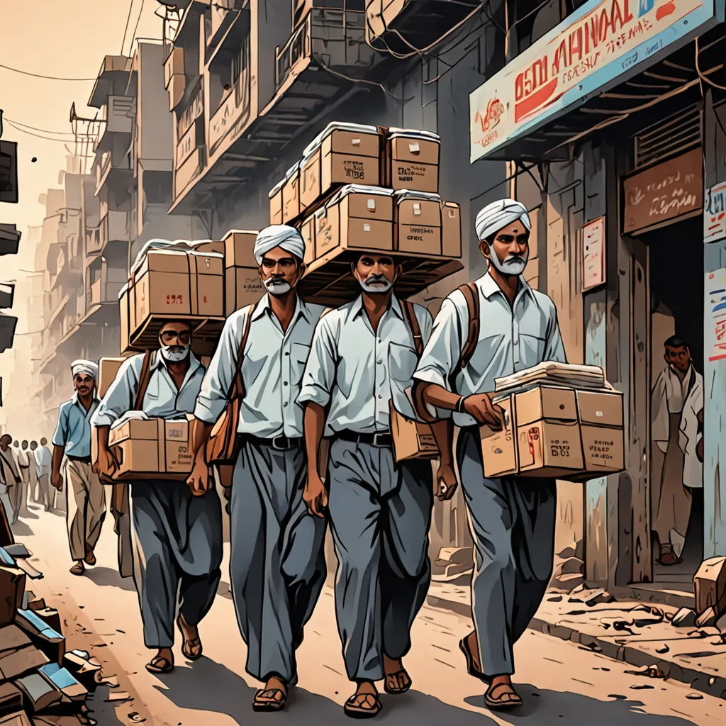 a group of men carrying boxes down a street in india, with a man walking behind them carrying a cart, samikshavad, a detailed matte painting, Asaf Hanuka, highly detailed digital painting