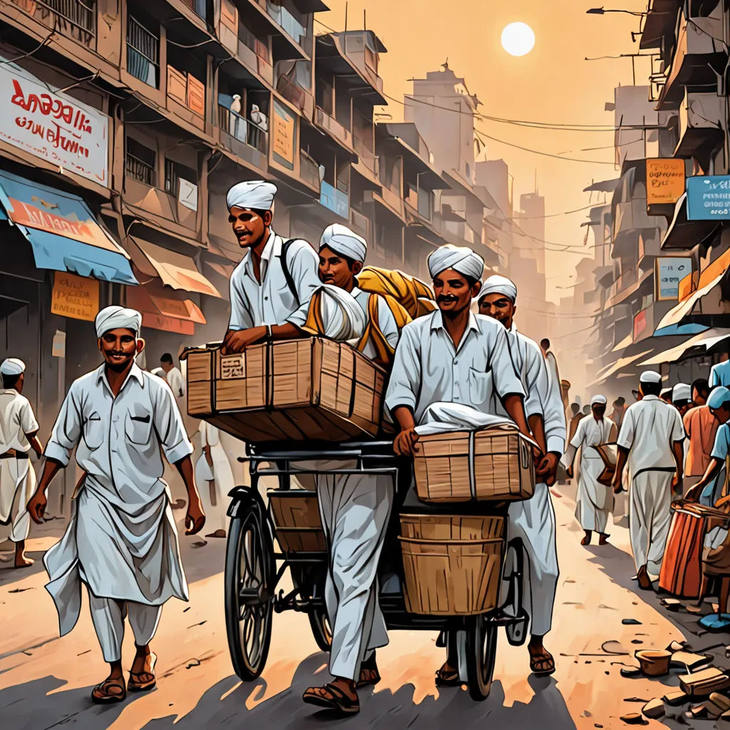 a painting of a group of men carrying boxes on a cart down a street in india, with a sunset in the background, samikshavad, a detailed matte painting, Dan Mumford, highly detailed digital painting