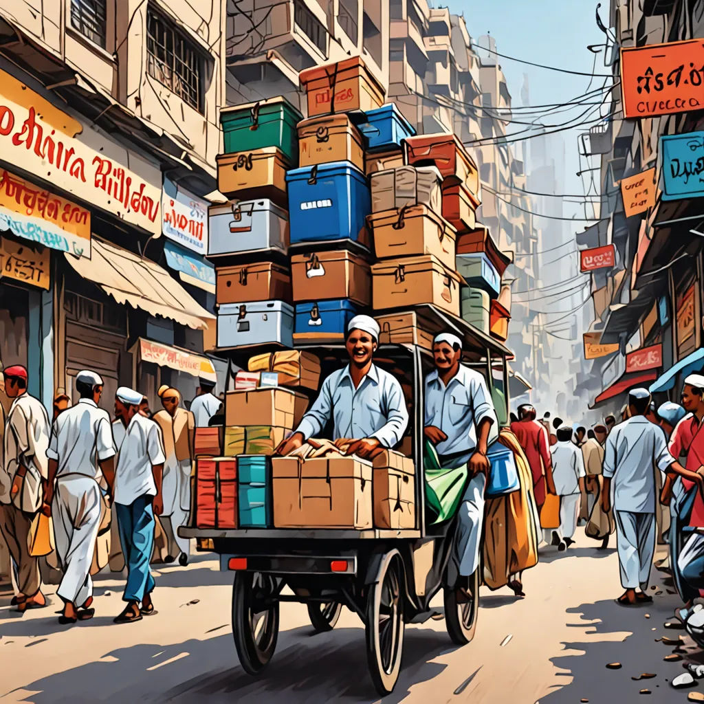 a man is pushing a cart with boxes on it down a busy street in a city with people walking around, bengal school of art, a detailed matte painting, Altoon Sultan, highly detailed digital painting