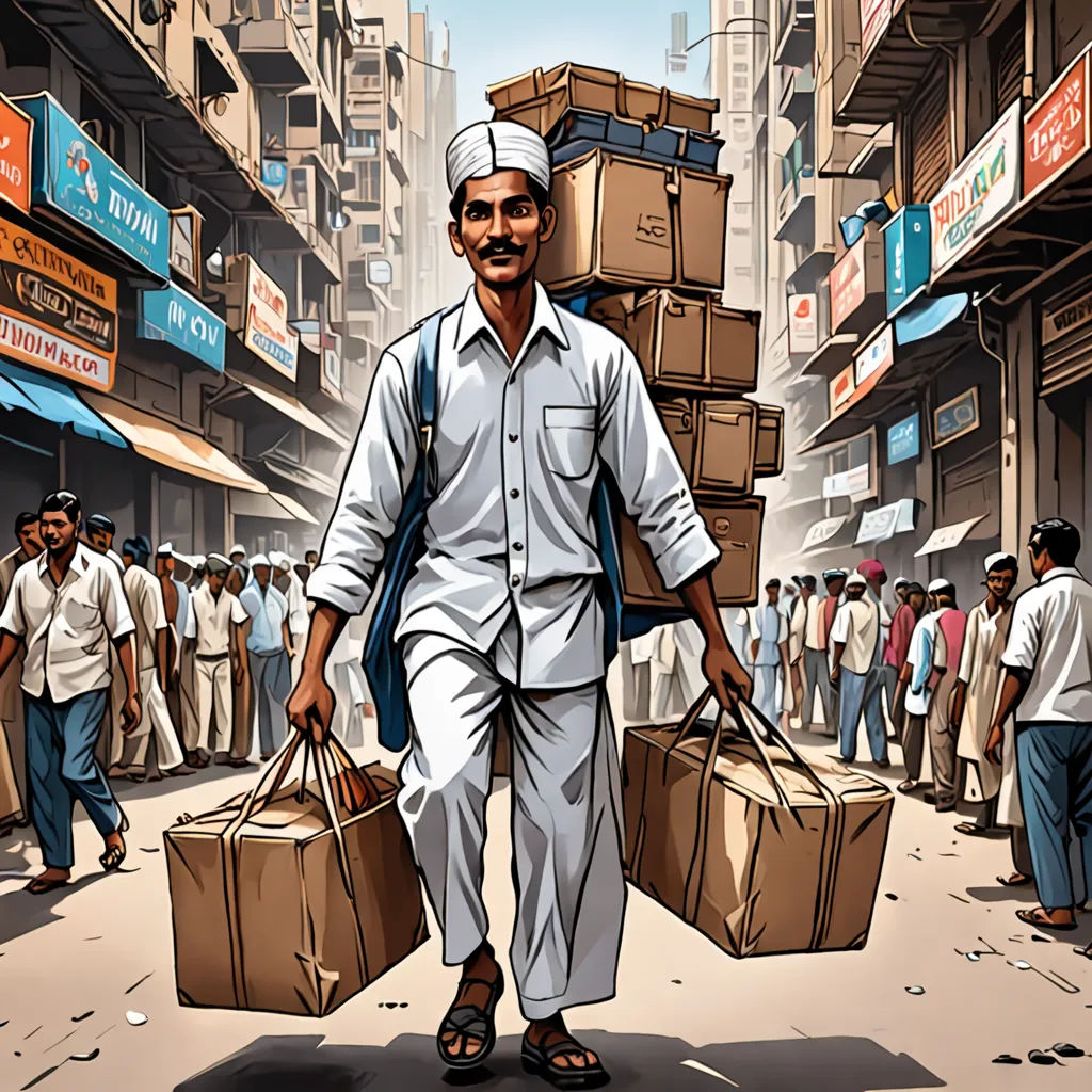 a man carrying boxes down a crowded street in india, with a crowd of people in the background,, samikshavad, a storybook illustration, Asaf Hanuka, graphic novel