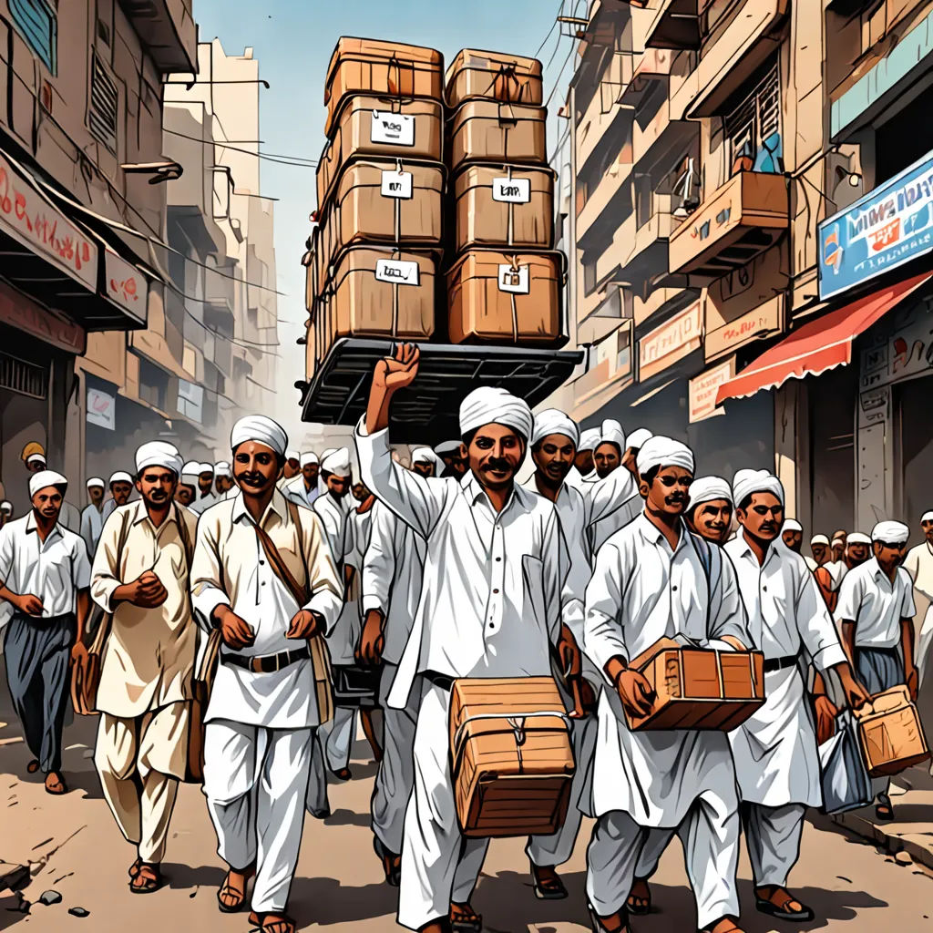a group of men carrying boxes down a street in a city with tall buildings and a crowd of people, samikshavad, a comic book panel, Altoon Sultan, graphic novel