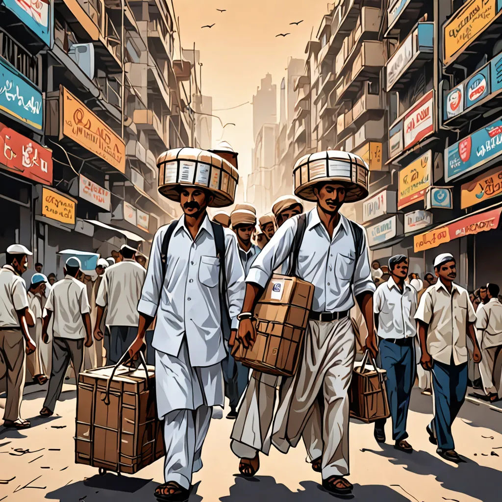 a painting of two men carrying luggage down a busy street in a city with people walking by them and buildings, samikshavad, a comic book panel, Asaf Hanuka, high detail illustration