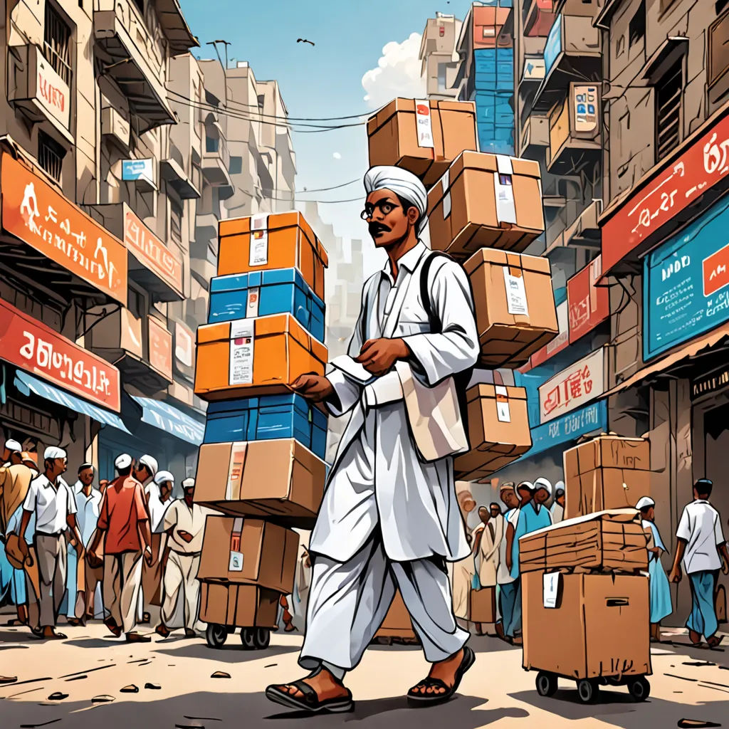 a man carrying boxes down a street in a city with people walking around him and a lot of boxes on the ground, samikshavad, a storybook illustration, Asaf Hanuka, detailed illustration