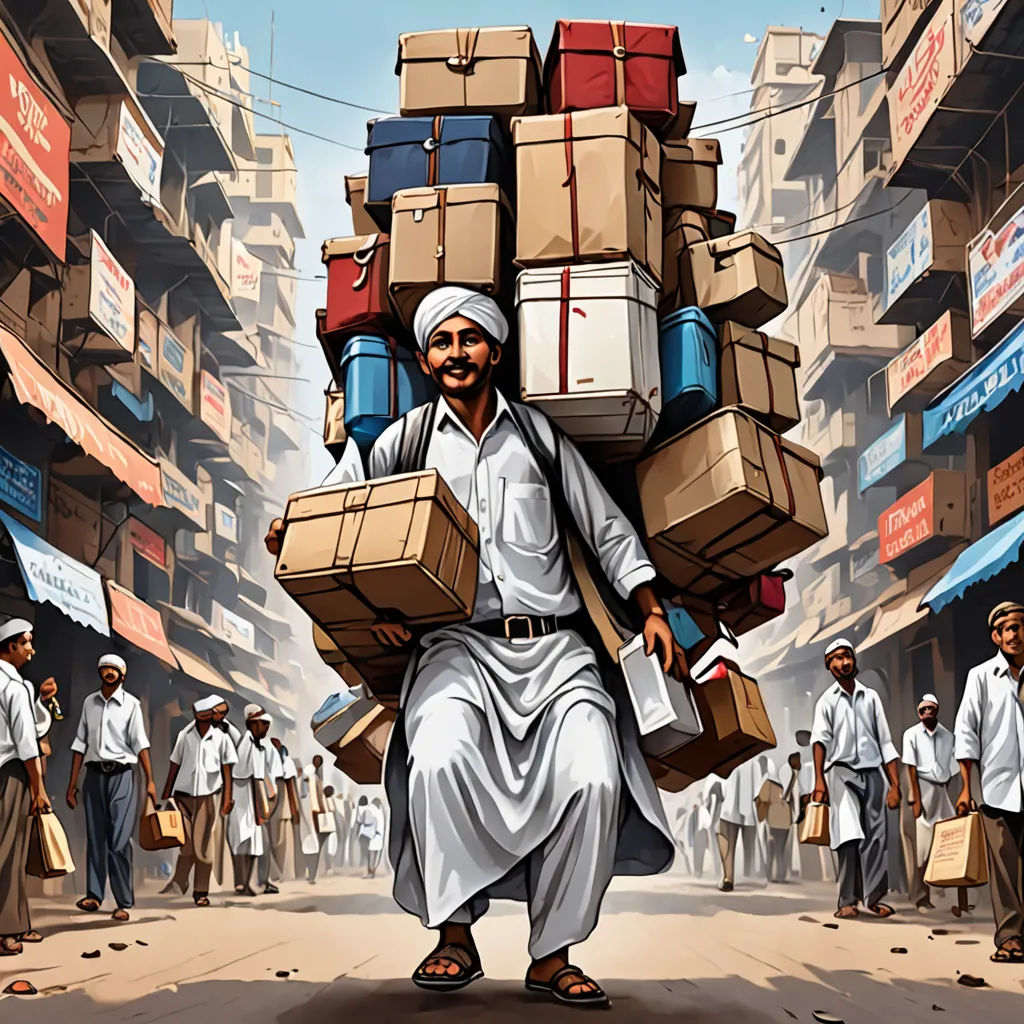 a man carrying boxes down a crowded street in india, with a lot of people walking around him and a lot of buildings in the background, samikshavad, a digital painting, Asaf Hanuka, digital illustration
